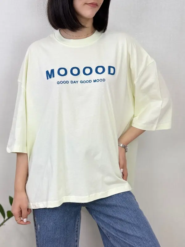 تیشرت نخ پنبه اورسایز طرح MOOD رنگی آستی سه ربع آلما