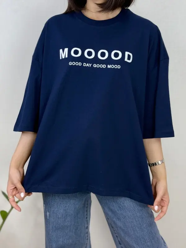 تیشرت نخ پنبه اورسایز طرح MOOD رنگی آستی سه ربع آلما