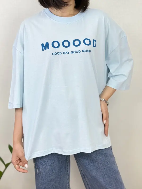 تیشرت نخ پنبه اورسایز طرح MOOD رنگی آستی سه ربع آلما