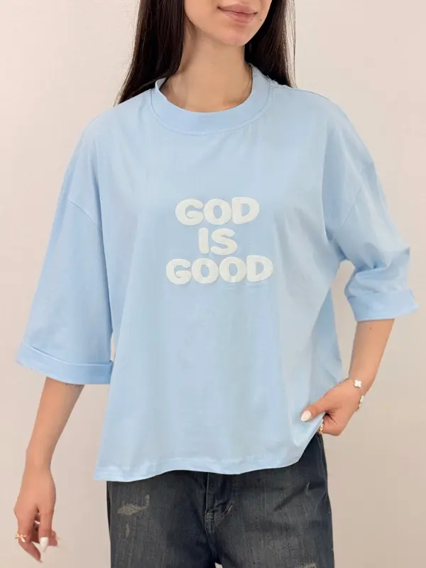 تیشرت اورسایز پنبه رنگی طرح GOD IS GOOD آلما