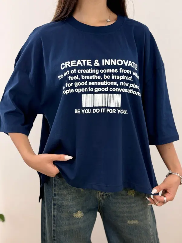 تیشرت باکسی اورسایز رنگی چاک دار طرح CREATE & INNOVATE آلما