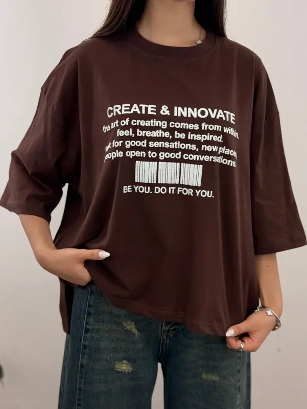 تیشرت باکسی اورسایز رنگی چاک دار طرح CREATE & INNOVATE آلما