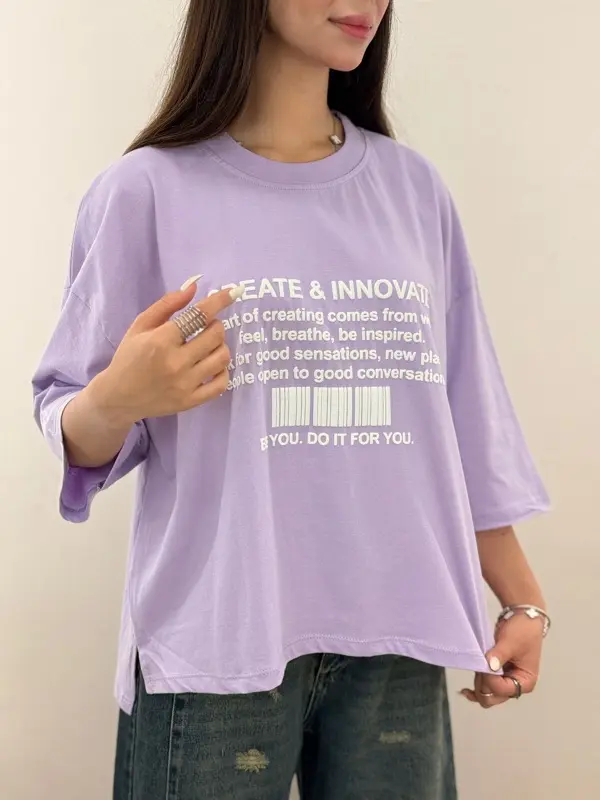 تیشرت باکسی اورسایز رنگی چاک دار طرح CREATE & INNOVATE آلما