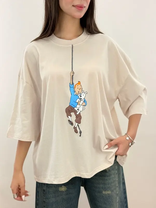 تیشرت باکسی نخ پنبه رنگ پاستیلی طرح کارتونی تن تن و میلو (Tintin) آلما