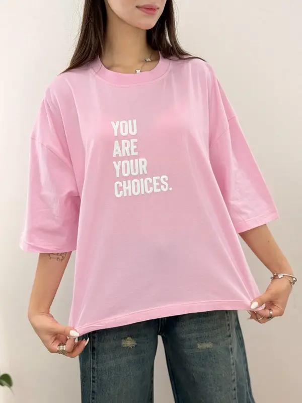 تیشرت باکسی رنگ پاستلی طرحدار چاپ پفکی YOU ARE YOUR CHOICES آلما
