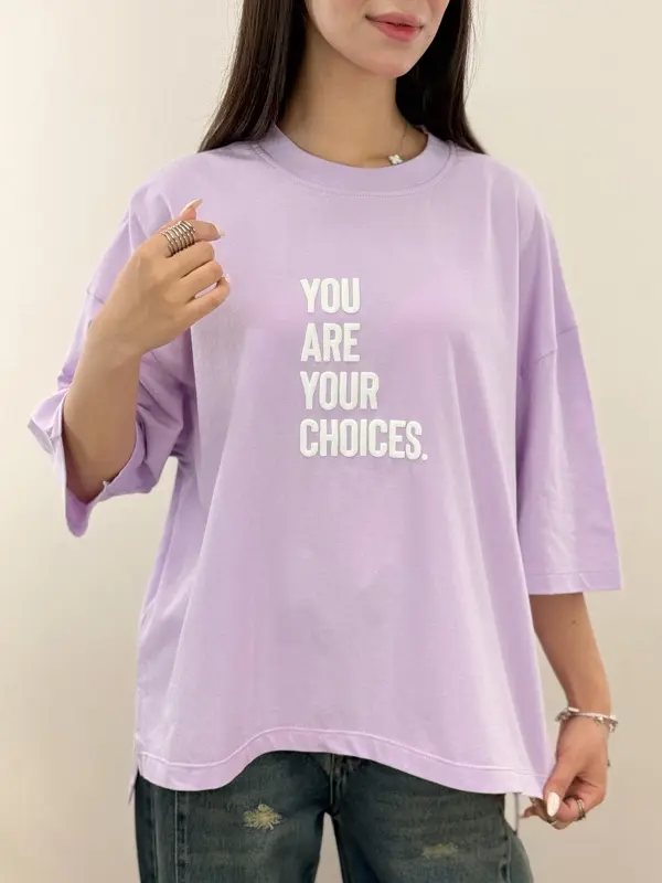 تیشرت باکسی رنگ پاستلی طرحدار چاپ پفکی YOU ARE YOUR CHOICES آلما